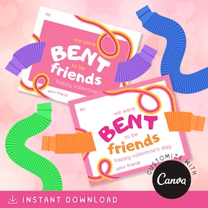 BENT to Be Friends [PINK] Customize + Printable Gift Tags, Bendy Tube Fidget Toy Valentine Cards, Birthday Party Favors, Classroom Favors