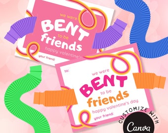 BENT to Be Friends [PINK] Customize + Printable Gift Tags, Bendy Tube Fidget Toy Valentine Cards, Birthday Party Favors, Classroom Favors