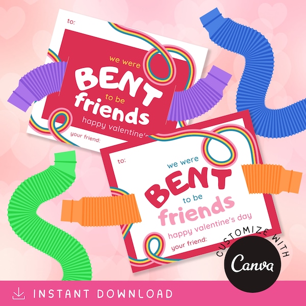 BENT to Be Friends [RED] Customize + Printable Gift Tags, Bendy Tube Fidget Toy Valentine Cards, Birthday Party Favors, Classroom Favors