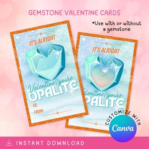 Può includere: Due biglietti di San Valentino con un design a cuore di gemme blu. Le carte hanno il testo "It's Alright" e "Valentine, you're Opalite". Le carte hanno un bordo glitterato arancione e le parole "Instant Download".
