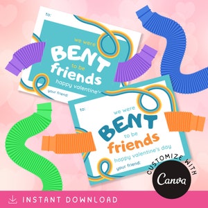 BENT to Be Friends [BLUE] Customize + Printable Gift Tags, Bendy Tube Fidget Toy Valentine Cards, Birthday Party Favors, Classroom Favors