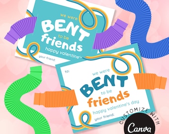 Bendy Tube Valentine Cards | Bent to Be Friends (BLUE) | Printable Classroom Favor Tags | Customize + Print (Printable PDF)