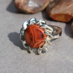 4-4 Salmon Color Lake Superior Agate Ring set in  .950 Sterling Silver Size 4.75