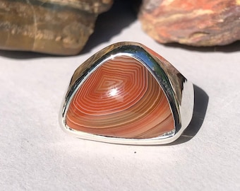 7-37 Red Green Tan Banded Lake Superior Agate Ring Sterling Silver Size 7.5