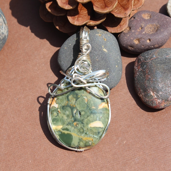 W-6 Rain Forest Jasper Pendant set in Silver Plated Wire Wrap