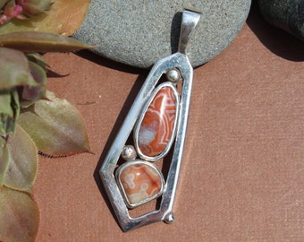 P-70 Double stone Lake Superior Agate Pendant set in .950 Sterling Silver Red and White Agates