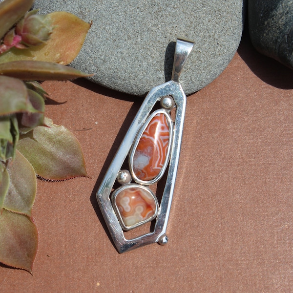 P-70 Double stone Lake Superior Agate Pendant set in .950 Sterling Silver Red and White Agates