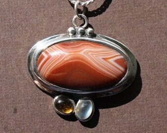 P-13 Lake Superior Agate Pendant Red And White Banding set in .925 Sterling Silver Featuring Citrine and Moonstone