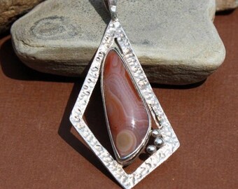 P-78 Red and Pink Lake Superior Agate Pendant set in .950 Sterling Silver