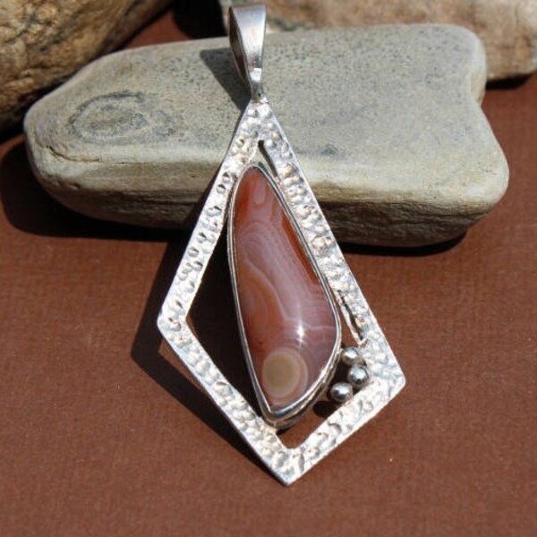 P-78 Red and Pink Lake Superior Agate Pendant set in .950 Sterling Silver