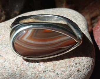 7-39 Lake Superior Agate Ring set in .950 Sterling Silver Reds Brown, Cream Size 7.5