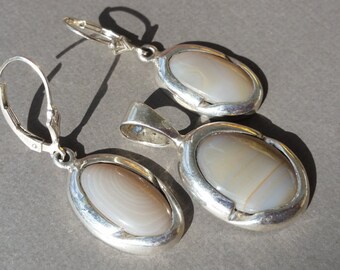 E-2 Set of Grey Banded Lake Superior Agates Pendant and Earrings in .950 Sterling Silver