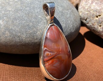 P-62 Orange, Red and White Lake Superior Agate Pendant set in .950 Sterling Silver with Solid Silver Back