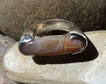 7-40 Lake Superior Agate Ring set in .950 Sterling Silver Size 7 Orange and White