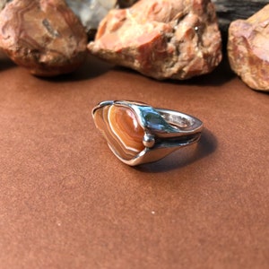 May include: A silver ring with a brown agate stone set in the center. The ring has a unique, organic design with a textured band.