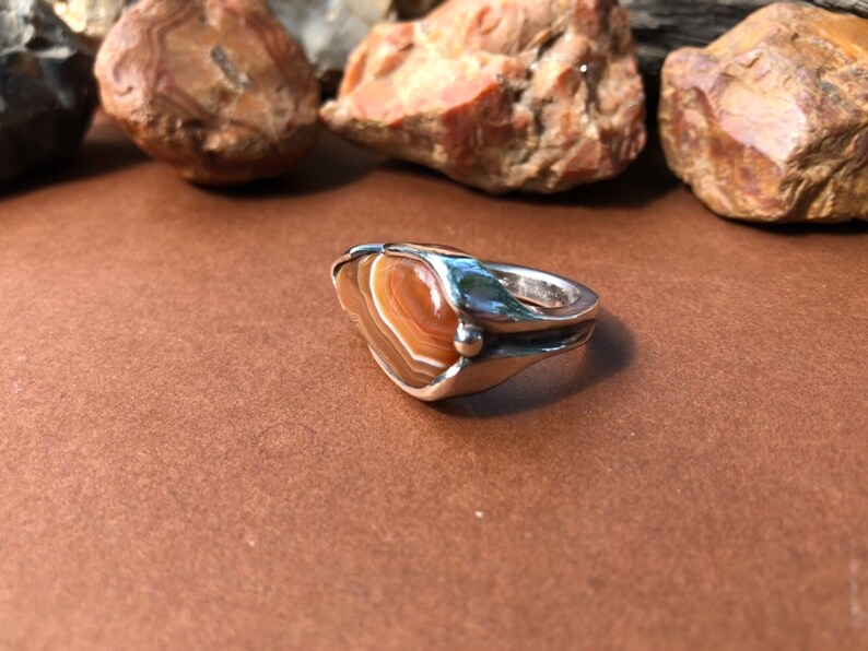 May include: A silver ring with a brown agate stone set in the center. The ring has a unique, organic design with a textured band.