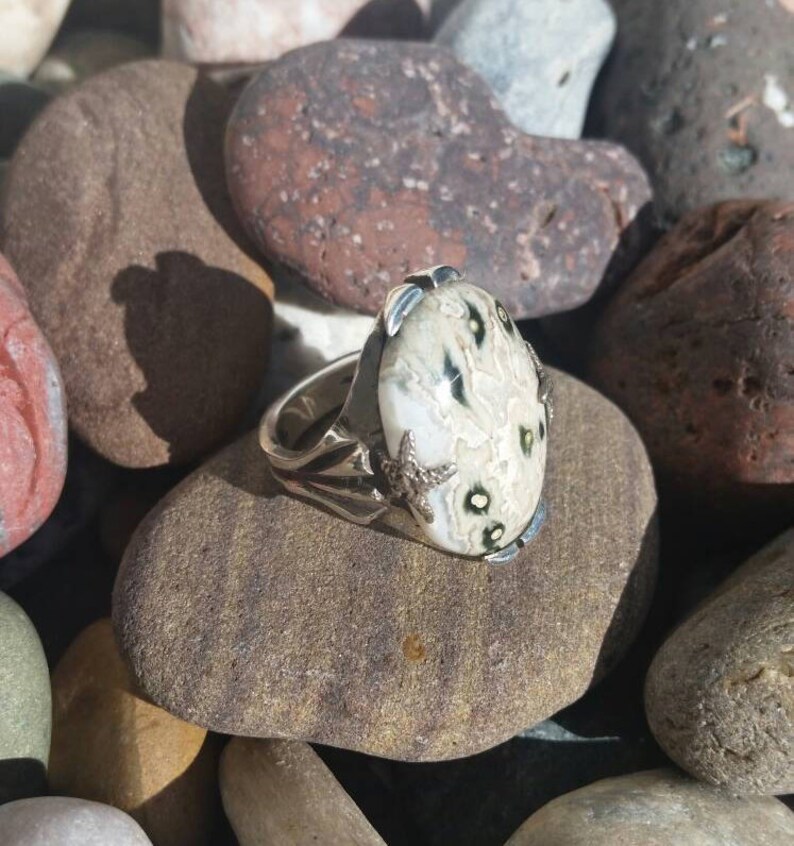 May include: A silver ring featuring a white and black agate stone set in a claw setting. The stone has a distinctive pattern of black and white swirls.