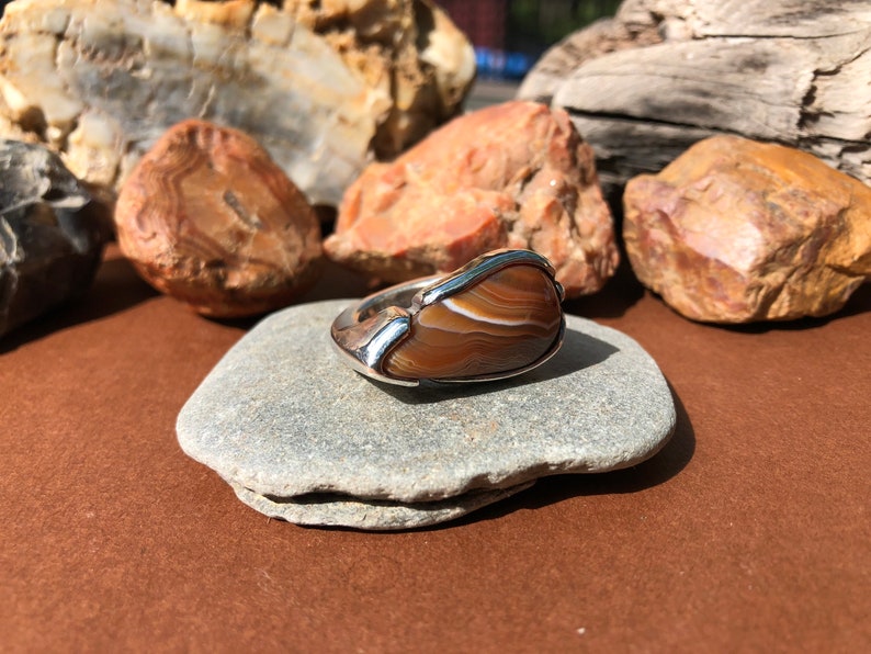 May include: A silver ring with a brown agate stone set in a unique, curved design.