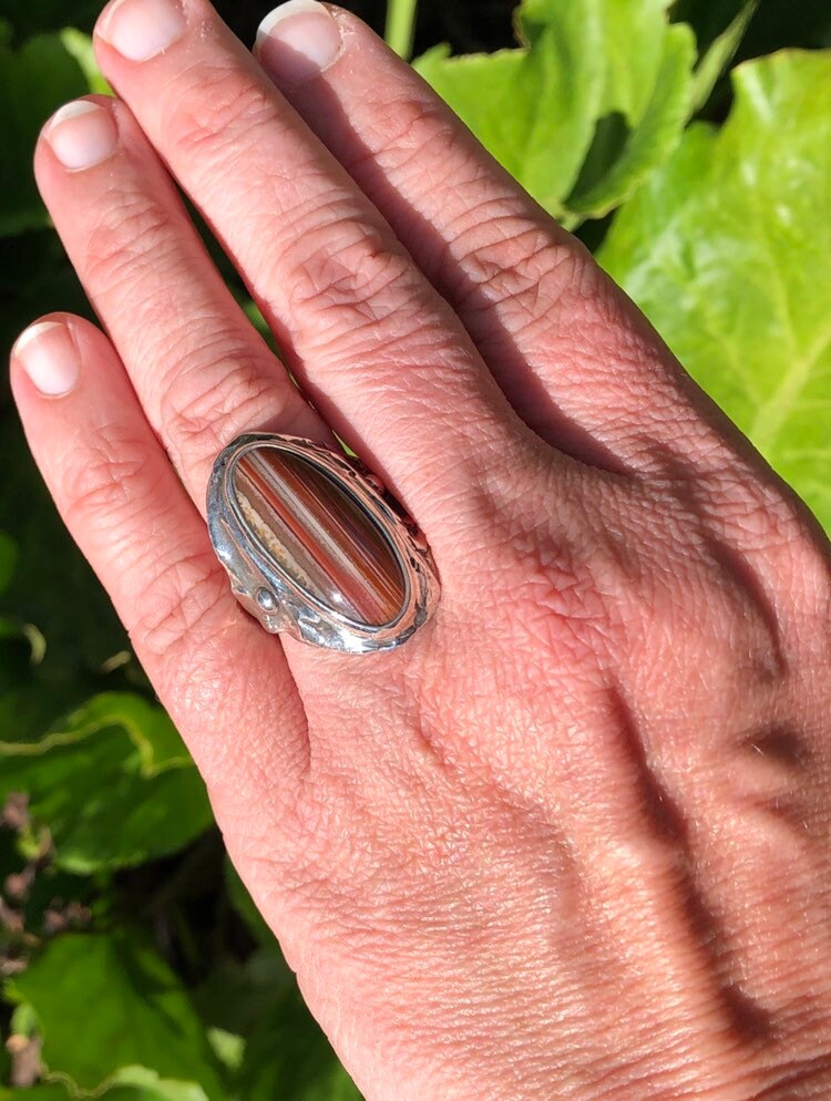 8-11 Red White Grey Lake Superior Agate Ring .950 Sterling Silver