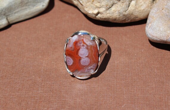 White Banded and Orange Quartz Lake Superior Agate Ring set in  .950 Sterling Silver with solid silver back.