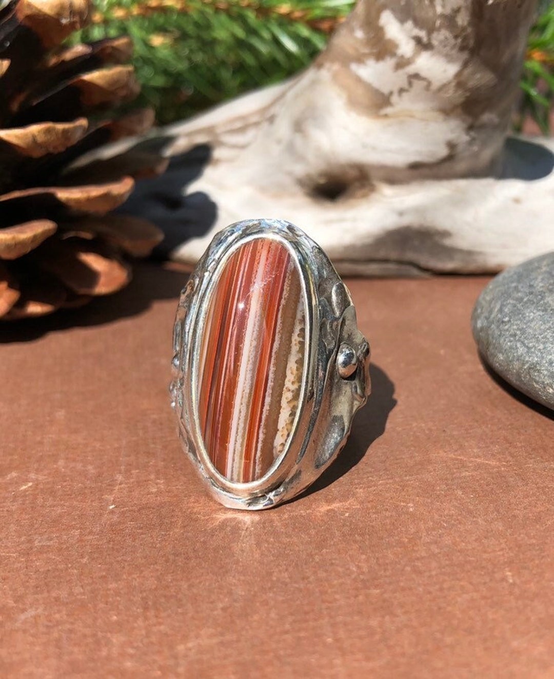 SALE！agete 2017 Xmas Special ring 8-11 Red White Grey Lake Superior Agate Ring .950 Sterling Silver