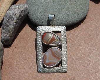 P-71 Double Stone Lake Superior Agate Pendant set in .950 Sterling Silver with Hammered Edges Pale Red and White