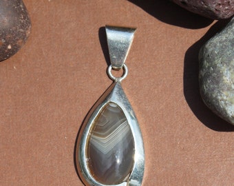 P-41 Grey and White Banded Lake Superior Agate Pendant set in .925 Sterling Silver