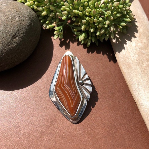 P-52 Sun Rise Design Lake Superior Agate Pendant set in .950 Sterling silver with Solid Silver Back Red and Whit Banded