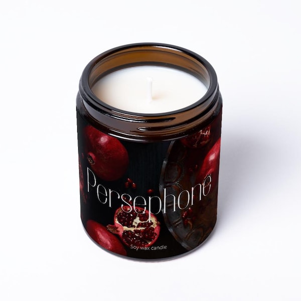 Perséfone / Vela de cera de soja inspirada en un libro / Dioses griegos y mitología / Aroma a granada