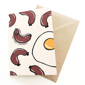 Silly Sausage Birthday Card Happy Birthday Greetings Card for Kids or Big Kids Illustrated Breakfast Sausages & Eggs image 1