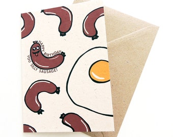 Silly Sausage Birthday Card | Happy Birthday Greetings Card for Kids (or Big Kids!) | Illustrated Breakfast Sausages & Eggs