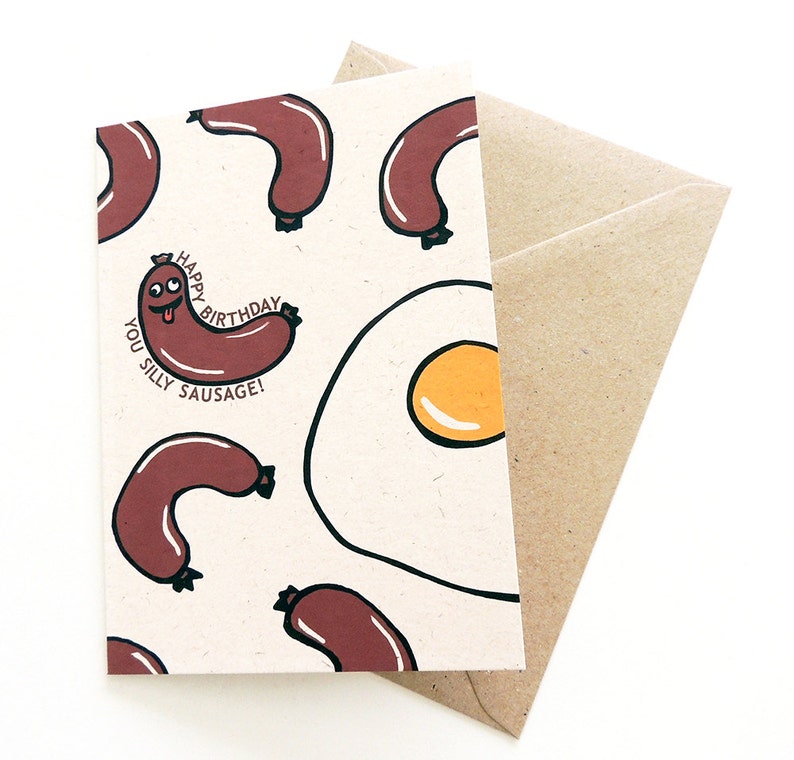 Silly Sausage Birthday Card Happy Birthday Greetings Card for Kids or Big Kids Illustrated Breakfast Sausages & Eggs image 1