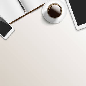 May include: A white desk with a notebook, a pencil, a smartphone, a tablet, and a cup of coffee. The items are arranged in a top-down view.