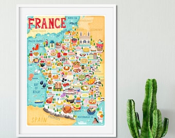 Affiche de carte de France - carte de France - carte de France - carte de France illustrée - art mural - décoration d'intérieur - cadeau pour la maison - cadeau poster