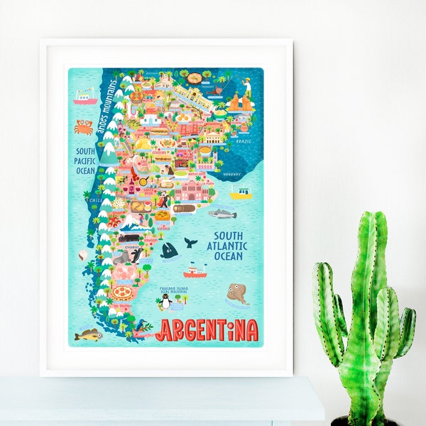 Argentinien Karte Poster - Landkarte von Argentinien - Illustrierte Argentinien Karte - Wandkunst - Wohnkultur - Wohngeschenk - Poster Geschenk