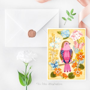 postale à gorge rose Twinspot | Cartes postales de collection Oiseaux Papillons Fleurs