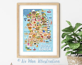 South Korea Map Poster - South Korea Map -  Map of South Korea - Illustrated South Korea Map - Wall Art - Home Decor - Poster Gift