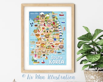 Póster con el mapa de Corea del Sur - Mapa de Corea del Sur - Mapa de Corea del Sur - Mapa ilustrado de Corea del Sur - Arte mural - Decoración del hogar - Póster de regalo