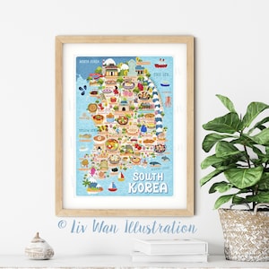 Poster carte de la Corée du Sud - carte de la Corée du Sud - carte de la Corée du Sud - carte illustrée de la Corée du Sud - art mural - décoration d'intérieur - poster cadeau