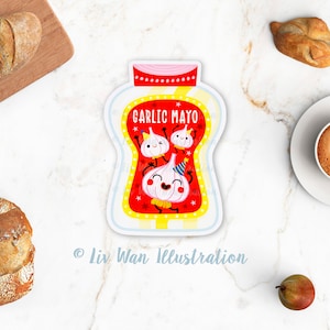 Carte postale Mayo à l'ail - Carte postale alimentaire - Carte postale cuisine - Illustration culinaire - Carte postale découpée - Carte postale en forme - Cadeau cuisine - Cadeau kawaii