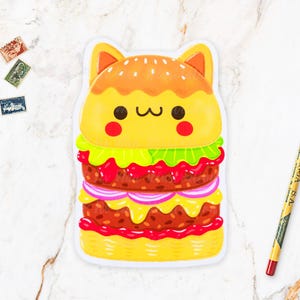 Carte postale Cat Burger - Carte postale de nourriture - Carte postale de restauration rapide - Carte postale de nourriture kawaii - Carte postale découpée, format A6