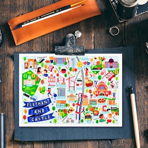 Postal con el mapa de Elephant and Castle - Mapa de Londres - Mapa de Londres - Mapa ilustrado de Londres - Regalo de viaje - Postal A6