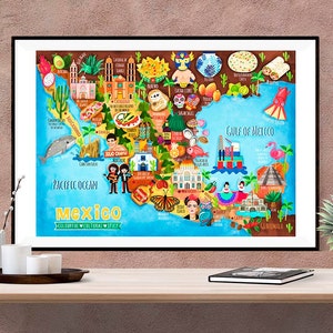 Póster de mapa de México - Mapa de México - Mapa de México - Mapa ilustrado de México - Arte de pared - Decoración del hogar - Regalo para el hogar - Póster de regalo