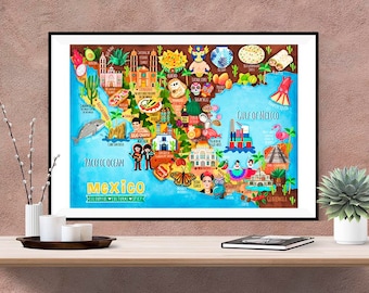 Mexico Map Poster - Mexico Map -  Map of Mexico - Illustrated Mexico Map - Wall Art - Home Decor - Home Gift - Poster Gift