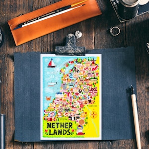 Postal con el mapa de los Países Bajos - Mapa de los Países Bajos - Mapa ilustrado de los Países Bajos - Regalo de viaje - Postal A6