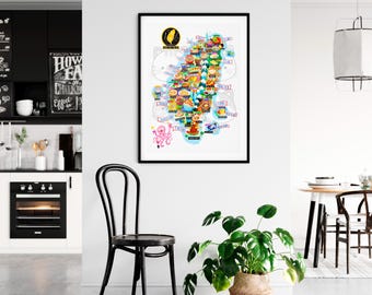 Plakat z mapą ulicznego jedzenia na Tajwanie - Mapa Tajwanu - Mapa Tajwanu - Ilustrowana mapa Tajwanu - Sztuka ścienna - Wystrój domu - Prezent do domu - Plakat na prezent