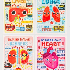 Arte de anatomía humana Colección completa de cuatro postales "Sé amable contigo mismo", póster de anatomía, mini impresión, postal, arte de pared