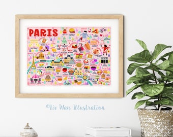 Poster de carte de Paris - Plan de Paris - Plan de Paris - Carte de Paris illustrée - Art mural - Décoration d'intérieur - Cadeau pour la maison - Cadeau pour la maison - Poster