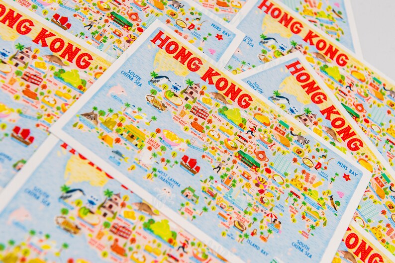 Hong Kong Map Postcard. Illustrated Map of Hong Kong A6 Size Etsy UK