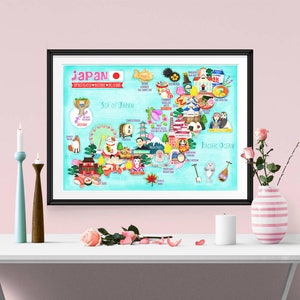 Plakat z mapą Japonii - Mapa Japonii - Mapa Japonii - Ilustrowana mapa Japonii - Sztuka ścienna - Wystrój domu - Prezent do domu - Plakat prezentowy